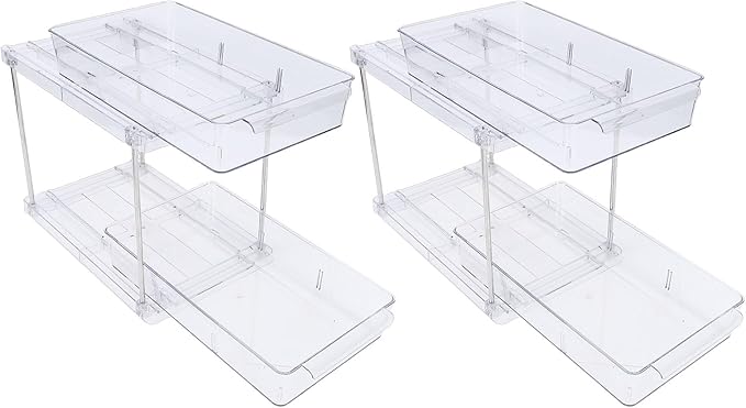 FILFEEL 2 Tier Vertical Pull Out Cabinet – Clear PET Slide Out Seasoning Rack for Kitchen Cabinets, Bathroom Vanity & Under Counter Storage – No Drill Installation, Full Extension Tracks