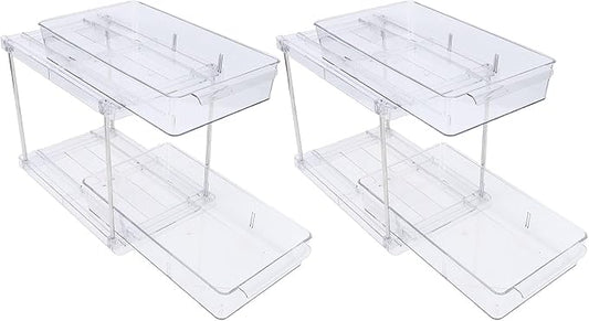 FILFEEL 2 Tier Vertical Pull Out Cabinet – Clear PET Slide Out Seasoning Rack for Kitchen Cabinets, Bathroom Vanity & Under Counter Storage – No Drill Installation, Full Extension Tracks