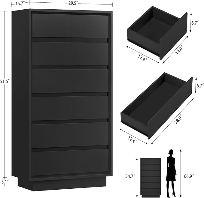 TEENFON 51.6" Tall Dresser for Bedroom with 7 Drawers, Black Dresser with Metal Slide, Bedroom Dressers, Wood Dressers & Chests of Drawers for Bedroom, Hallway, Black