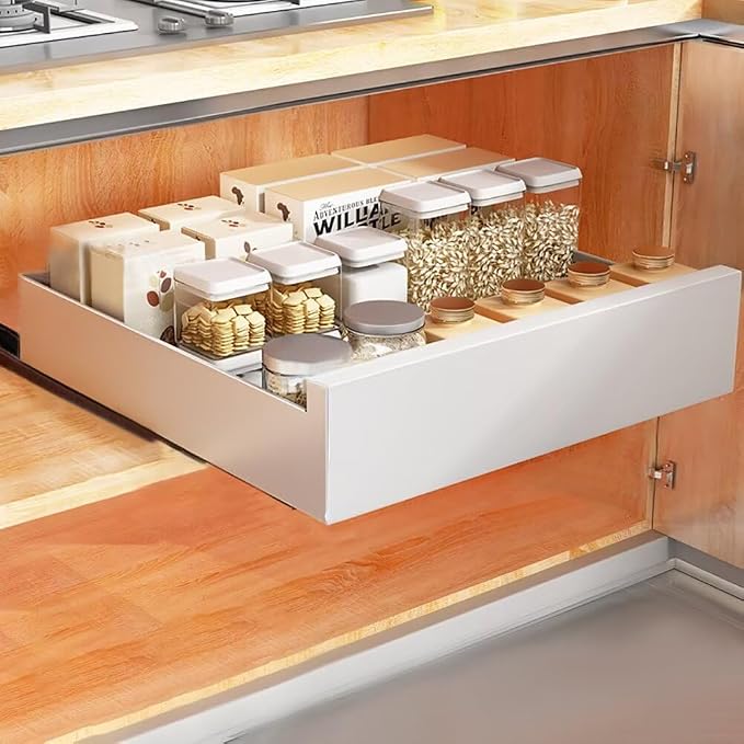 Pull Out Cabinet Adhesive Pull Out Teles Kitchen Drawer 25kg Load Capacity Slide Out Drawer for Kitchen Cupboard Storage,40CM-White