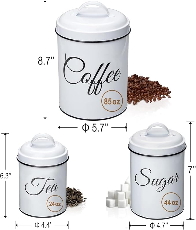 Kitchen Canisters Set of 3, Food Storage Containers for Kitchen Countertop, Large Airtight Coffee Sugar Tea Containers with Lids, White Farmhouse Kitchen Decor