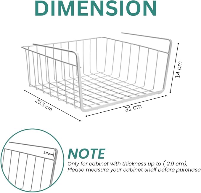 Go Hooked 12 Inch Undershelf Storage Basket Pack of 1 | Multipurpose Under Shelf Organizer | Hanging Wire Basket for Cabinet, Shelf, Pantry, Cupboard, Closet, Desk, and Bathroom (White)
