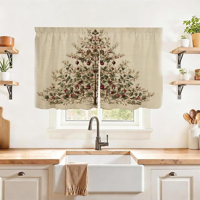 Self Adhesive Vintage Evergreen Tree Cabinet Curtain for Mother's Day, 39x28 Inch Rustic Pine Under Sink Skirt No Drill, Spring Cleaning Kitchen Decor, Hook and Loop Laundry Valance