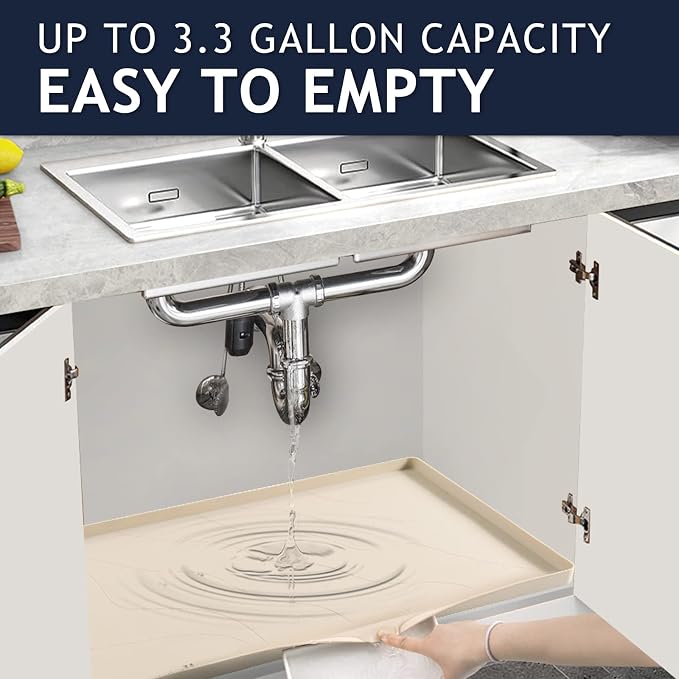 Heavy Duty Silicone Under Sink Mat for Kitchen Waterproof 34" x 22", Extra Thick Rubber Mat Drip Tray, Raised Edge Under Sink Liner, Prevent Drips, Leaks, Spills, Beige