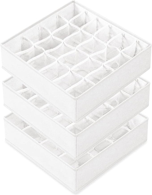 Criusia 3 Pack Sock Underwear Drawer Organizer Dividers, 64 Cell Fabric Foldable Cabinet Closet Organizers and Storage Boxes for Storing Socks, Panties, Ties (16+24+24 Cell, White)