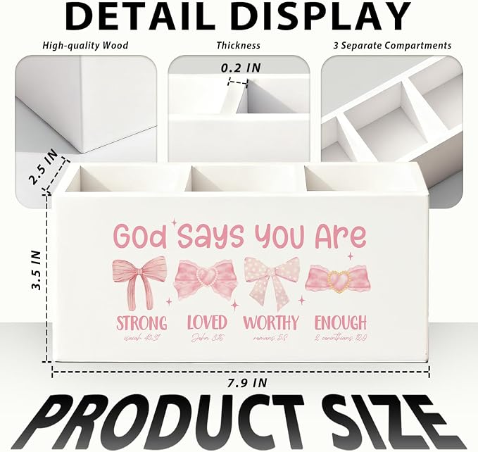 Coquette Pink Bow Christian Pen Holder, Christian Gifts for Women Pencil Holder for Desk, God Says You Are Bible Verse Wooden Box Sign Decorations for Girly Room Bedroom Dorm Desk Tabletop