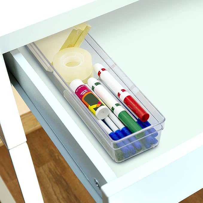 Glad Plastic Drawer Storage Tray – Heavy Duty Organizer Bin for Home, Kitchen, Bath, Bedroom, Office | Non-Slip Feet, 13" x 3.25", Clear