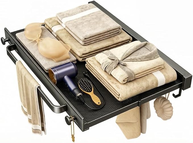 Foldable Pull-Out Cabinet Drawer Organizer, Under Sink Slide-Out Storage Shelf with Hooks, No Drill Installation for Kitchen, Bathroom, Pantry and Home Organization (with Towel Bar)