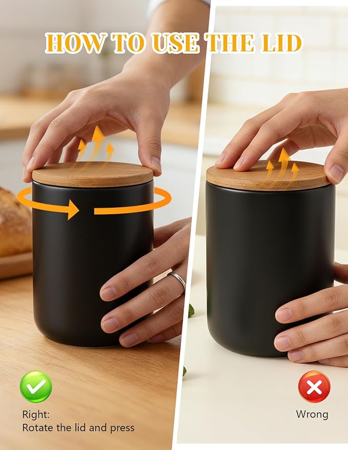 YYW Ceramics Food Storage Jar Canister with Airtight Seal Bamboo Lid, Simple Style Kitchen Canister for Food Storage, Store Coffee, Sugar, Tea, Spices and More (Black (33.81oz/1000ml))