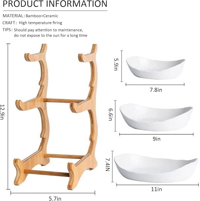 Liywall - 3 Tier Ceramic Fruit Bowl With Bamboo Wood Stand for Kitchen Counter,Porcelain Fruit Basket for Vegetable Storage,Snack Dessert Cake Tray Plate Rack for Party Wedding - White