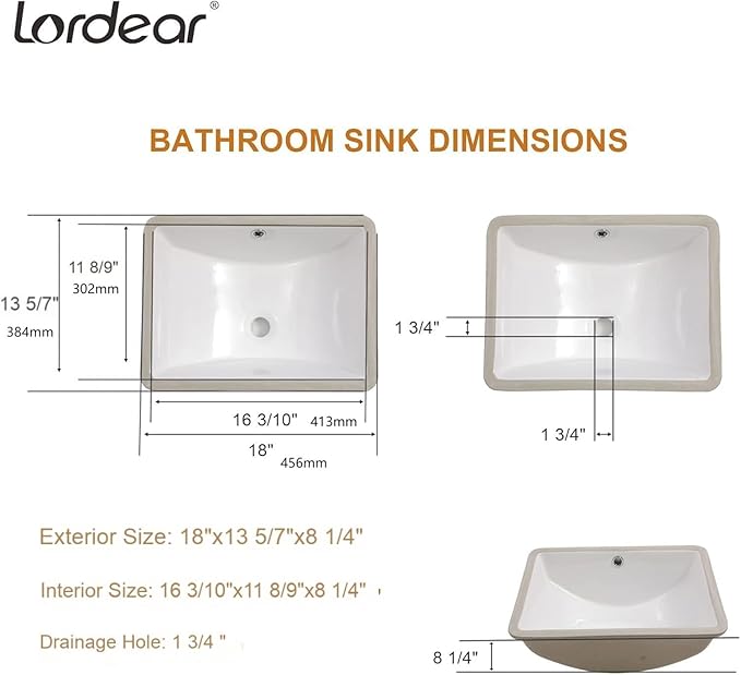Lordear Undermount Bathroom Sink 18x14 Inch White Rectangle Porcelain Ceramic Vessel Sinks Deep Basin with Overflow Lavatory Vanity Sink Mounted Under the Counter