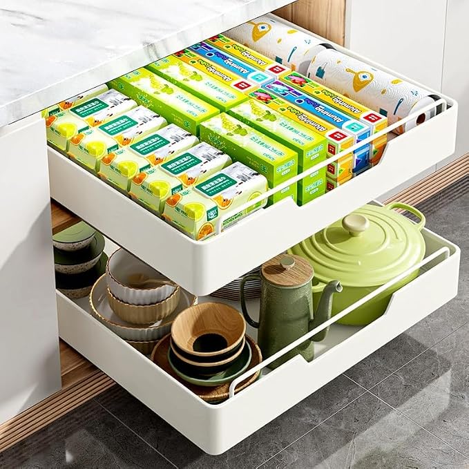 Kitchen Cabinet Organizer Pull Out Drawers Stick On Slide Out Drawers for Cupboards Roll Out Extendable Sliding Drawer No Drill Needed White,Width 40cm