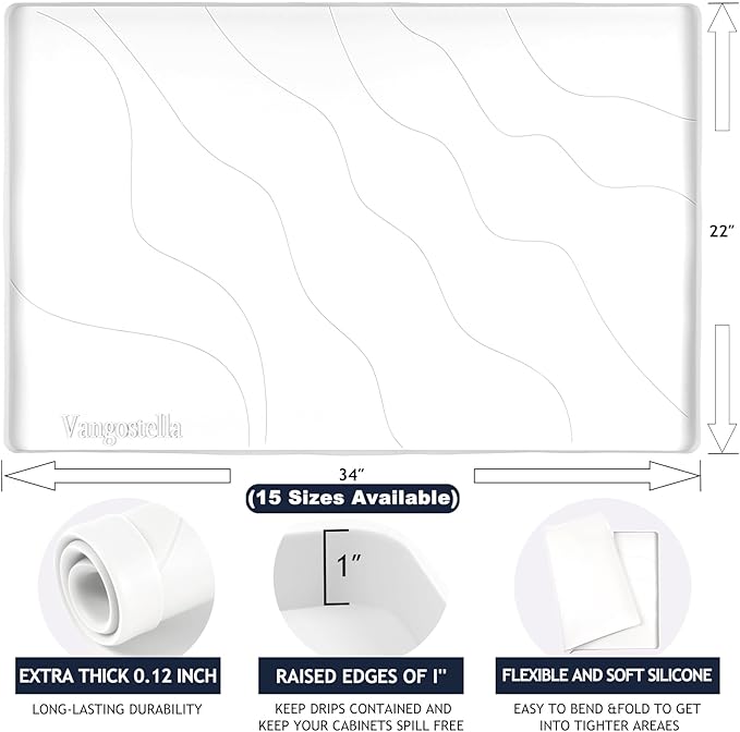 Heavy Duty Silicone Under Sink Mats for Kitchen Waterproof 31" x 22", Extra Thick Under Sink Rubber Mat Drip Tray, Raised Edge Under Sink Liner,Prevent Drips, Leaks, Spills,White