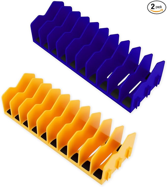 2PCS Plier Organizer Rack, 10-Slot Pliers Cutters Holder with Non-Slip Rubber Base, Extendable ToolBox Drawer Storage Accessory, Fits 3" H Tools, Pliers, Screwdrivers, Wrenches (Blue/Yellow)