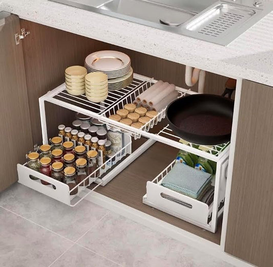 2-Tier Under Sink Slide-Out Storage Organizer, Metal Pull-Out Cabinet Drawer for Kitchen & Bathroom (White)