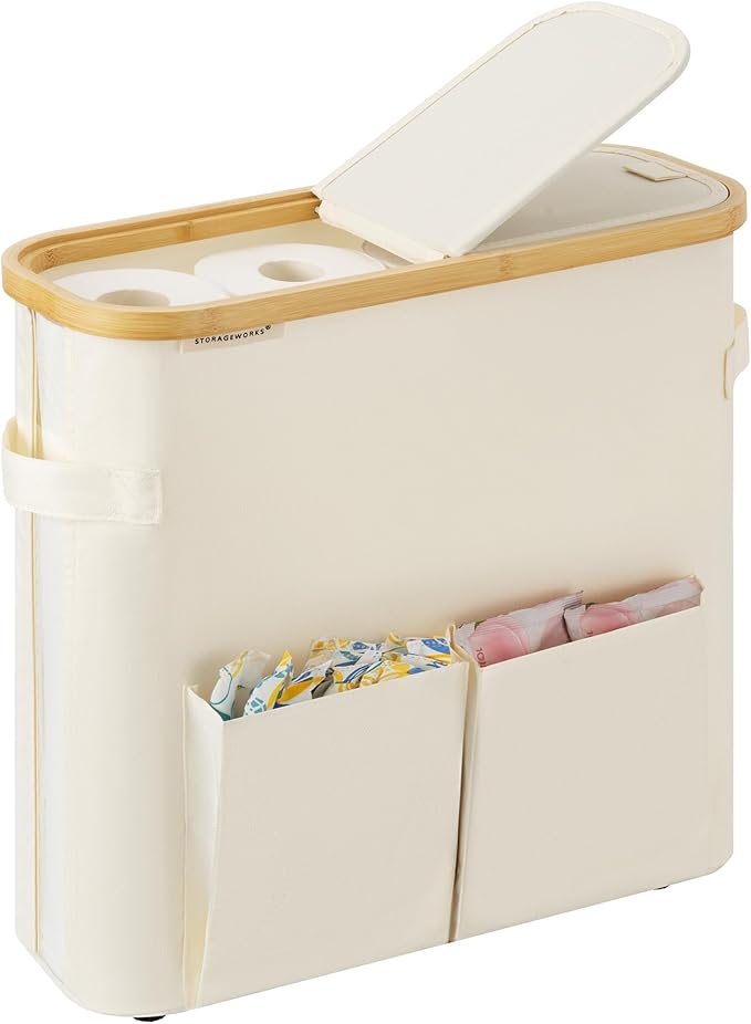 StorageWorks Toilet Paper Storage Basket with Lid, Slim Bathroom Organizer for Narrow Spaces, Toilet Paper Holder with Side Pocket and Clear Window, Holds 9 Mega or 12 Regular Rolls, Medium, Beige