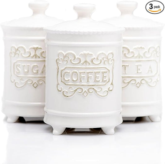 25DOL 25 Ounce Elegant Ceramic Kitchen Canisters Set of 3 - Engraved Coffee Tea Sugar Storage Containers with Feet for Added Style and Stability - Ceramic Jar with Airtight Lid