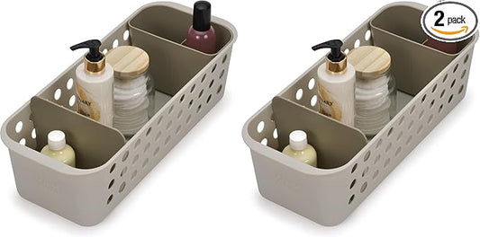 Joseph Joseph EasyStore - Slimline Bathroom essentials Storage Basket Organiser with moveable pot and divider, Ecru (Pack of 2)