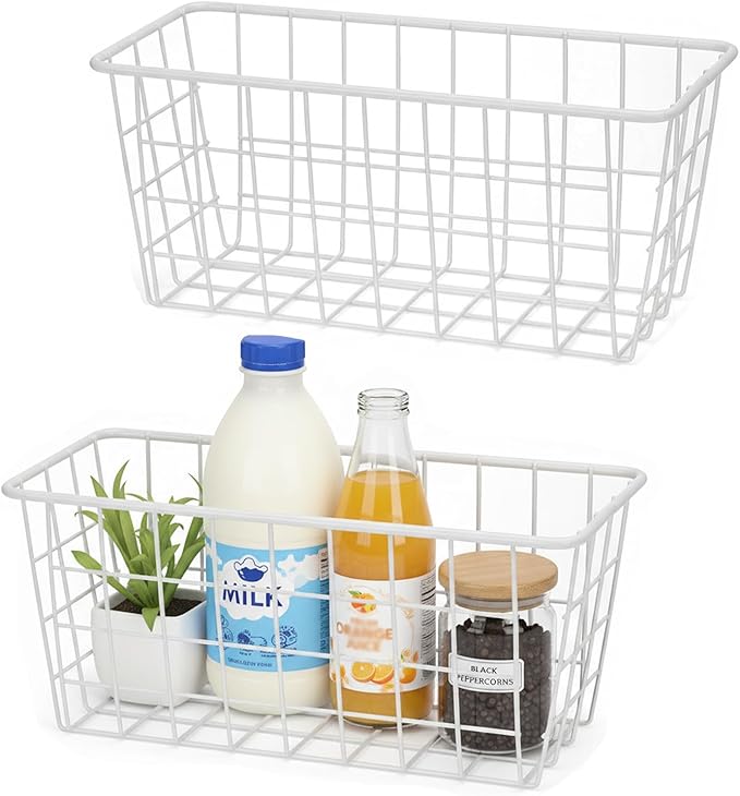 2 Set LeleCAT Hanging Wall Basket Organizer Over the Cabinet Door Adhesive Wire Baskets for Organizing Kitchen Food Pantry Bathroom Shelf Storage No Drilling Wall Mounted,White