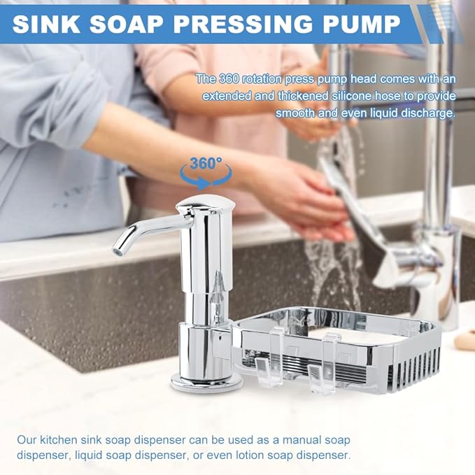 Soap Dispenser Pump for Kitchen Sink with Sponge Rack,Under Counter Sink Soap Dispenser Pump with 39" Extension Tube Kit,Fit for Kitchen Bathroom in Counter(Silver)