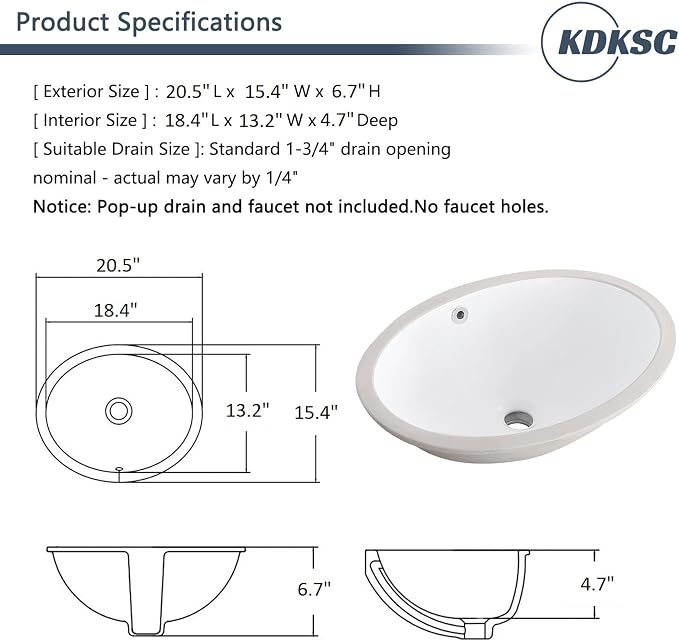 Undermount Bathroom Sink 20.5"x15.4" Oval Undermount Sink White Ceramic Bathroom Sinks Under Counter Basin with Overflow