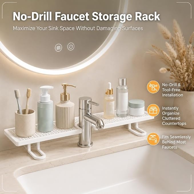 Behind the Faucet Organizer, No-Drill Over the Sink Shelf Bathroom, Multifunctional Steel Storage Rack, Space Saving Sink Organizer Shelf for Kitchen Bathroom Faucet Back Storage Arrangement