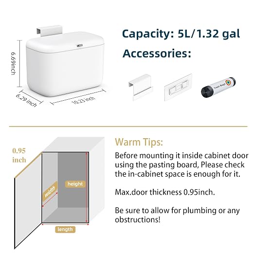 MUEE Compost Bin Kitchen for Counter Top or Under Sink, Hanging Small Trash Can with Lid [1.3 Gal/5L], Food Waste Bin, Mountable Garbage Can for Cupboard/Bathroom/Bedroom/Office/RV, Matte White
