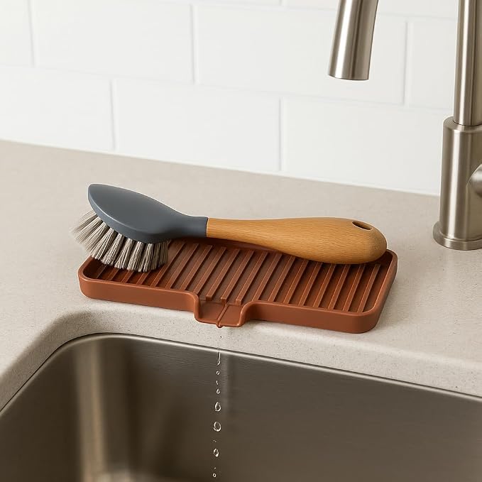 Silicone Soap Dish Tray and Sponge Holder with Drain Chute, Rectangular, Kitchen and Bathroom Sink Organizer (Mocha, 9"x3.5")