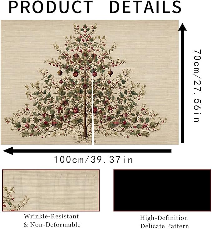 Self Adhesive Vintage Evergreen Tree Cabinet Curtain for Mother's Day, 39x28 Inch Rustic Pine Under Sink Skirt No Drill, Spring Cleaning Kitchen Decor, Hook and Loop Laundry Valance