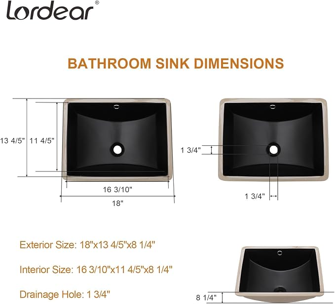 Lordear Undermount Bathroom Sink 18x14 Inch Black Rectangle Porcelain Ceramic Bathroom Sinks Deep Basin with Overflow Lavatory Vanity Sink Mounted Under