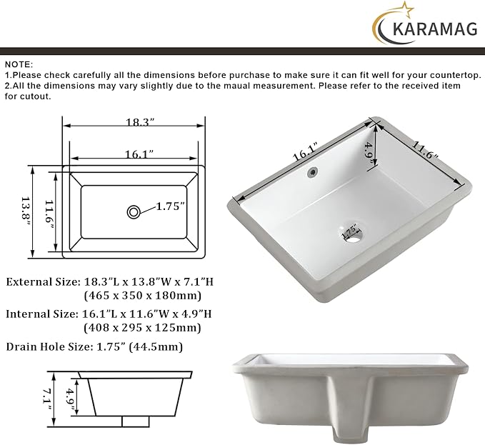 18 Inch Undermount Bathroom Sink Small Rectangle Undermount Sink White Ceramic Under Counter Bathroom Sinks with Overflow (18.3"x13.8")