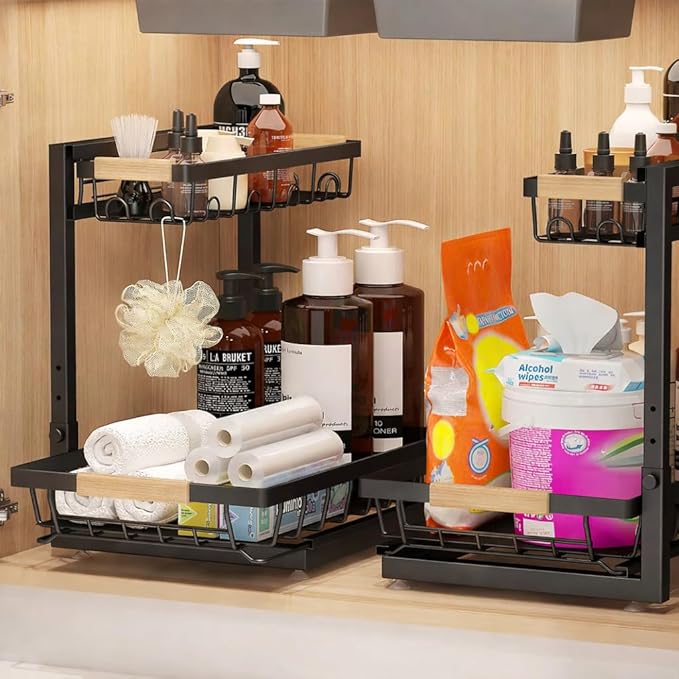 2-Tier Multi-Purpose Bathroom Under Sink Organizers and Storage, Black Adjustable Rack with Wooden Handles for Stackable Kitchen Pantry Organization