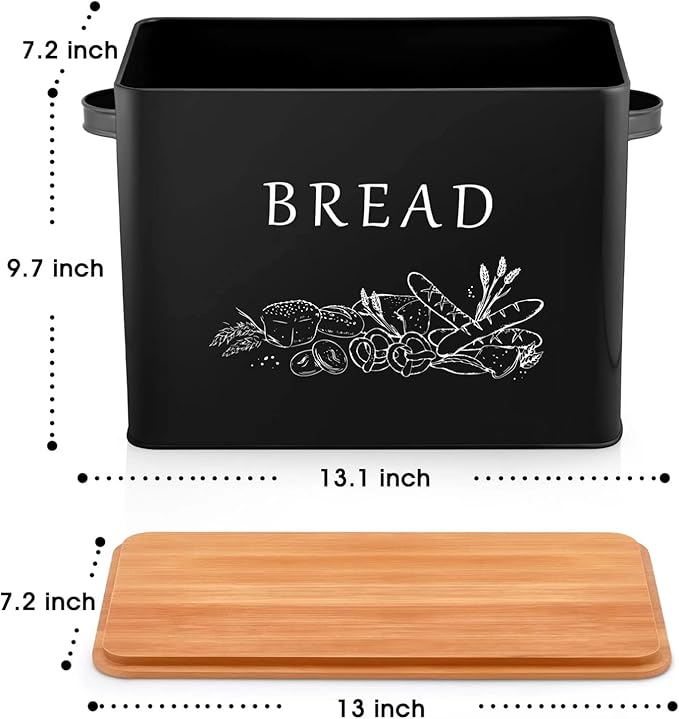 TeamFar Bread Box with Wooden Lid, 13.1” x 7.2” x 9.7” Metal Bread Container Storage Holder for Family Farmhouse Kitchen Countertop, Powder-Coated & Healthy, Large Capacity & Classic Pattern (Black)