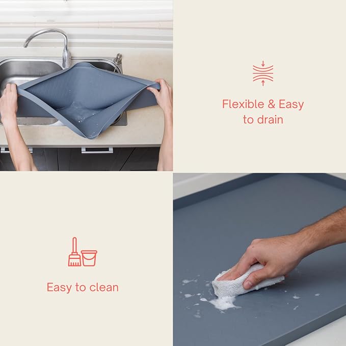 3 in 1 SET: Under Sink Mat with Cutout for Pipes - Cut to Size Under Sink Mat 34x22'' - Cut to Fit Sink Mats - Waterproof Under Kitchen Sink Mats and Protectors - Under Sink Silicone Mat