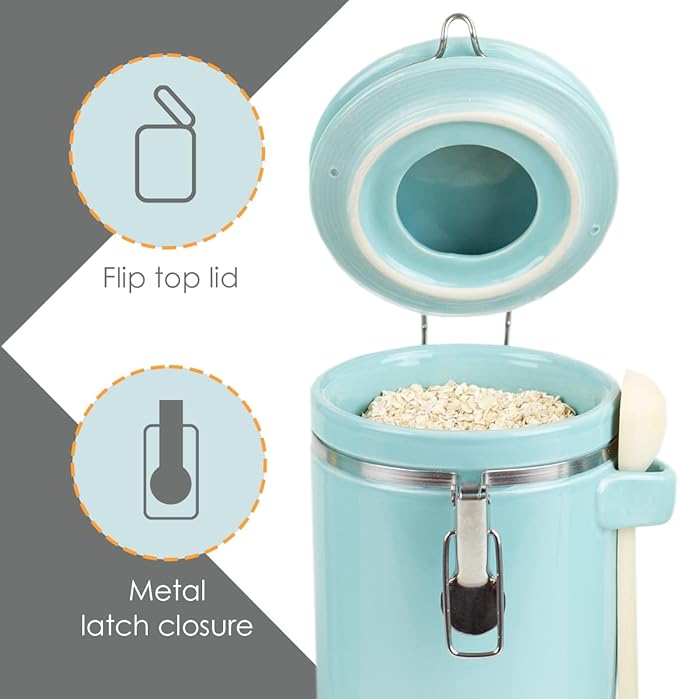 Canister Sets For The Kitchen (4 Piece) Turquoise, High Gloss Ceramic | By Home Basics | Decorative Set | With Wooden Spoons, Countertop For Flour, Sugar, Coffee, and Snacks