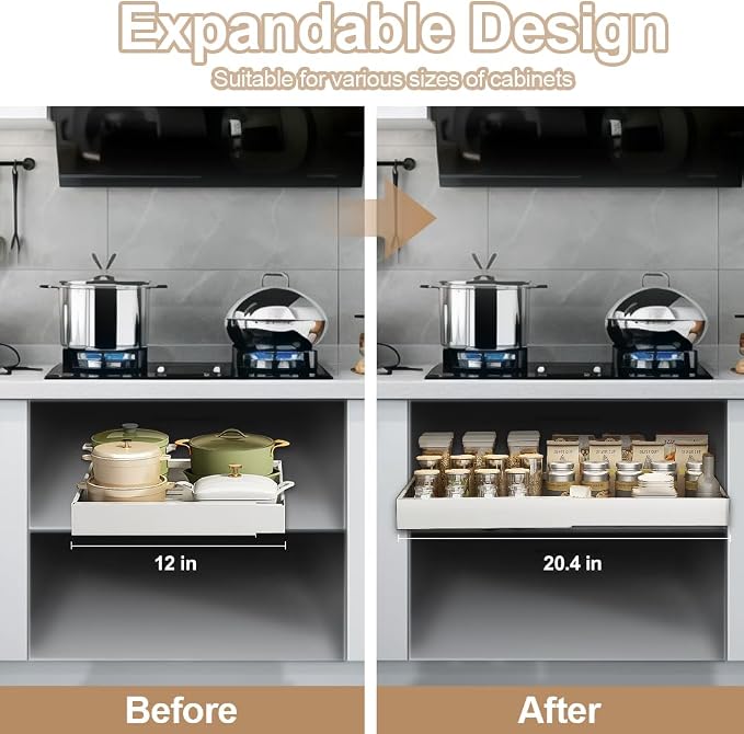 Pull out Cabinet Organizer, Expandable(12"-20") Heavy Duty Slide out Drawers Fixed with Adhesive Nano Film for Pots, Roll out Drawers for Kitchen Cabinets Organization, Pantry, Bathroom