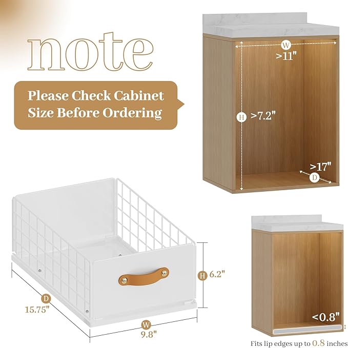 Pull Out Cabinet Organizer, No-Drill Pantry Drawers, Slide Out Shelves with Bamboo Risers for Lipped Cabinets,Ideal for Kitchen, Bathroom & Under Sink Storage (White, 9.8" Wide-15.7" Deep)
