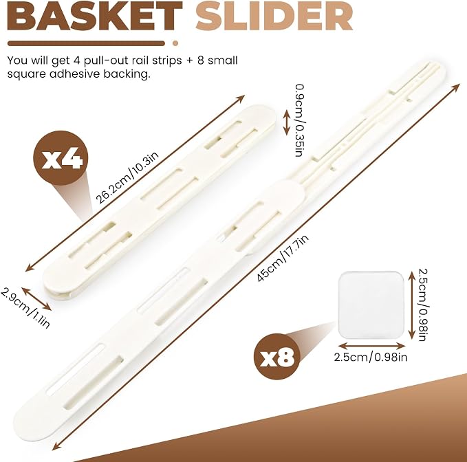 LELE LIFE Adhesive Pull Out Cabinet Drawer Sliders, Drawer Bin Organizer Sliding Rails Guides, No Drill DIY Basket Slides Bottom Mount for Shelf (4 Pack)
