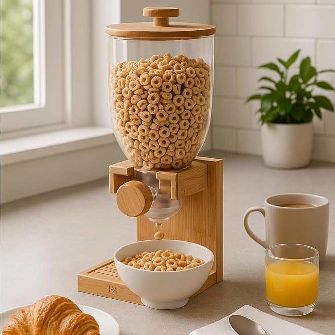 Honey-Can-Do Bamboo Cereal Dispenser with Airtight Lid – Countertop Dry Food Dispenser for Kitchen Organization – Eco-Friendly Cereal Container for Pantry