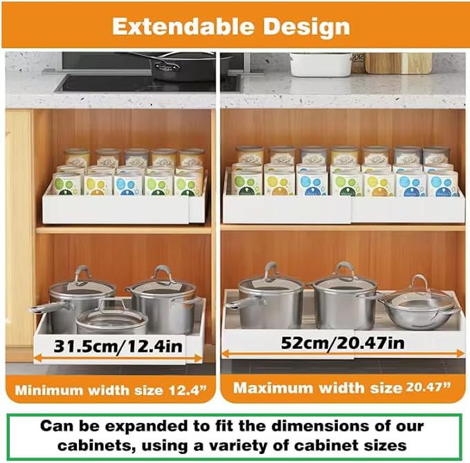 Slide Out Cabinet Organizer - Pull Out Expandable Drawer - Adjustable Extendable Sliding Shelf Under Sink Rack Shelf - for Kitchen Pantry Bathroom Closet - Easy Stick on - 1 PACK