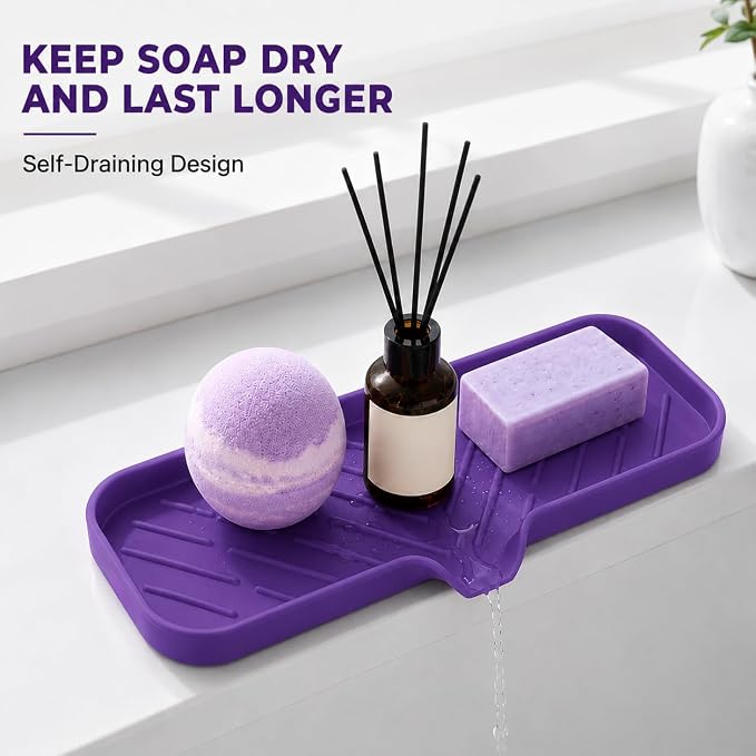 MicoYang Silicone Soap Dish with Drain Spout — Self-Draining Double Sink Organizer Tray for Kitchen & Bathroom, Dispensers, Sponges & Soap Holder, Non-Slip & Dishwasher Safe, Purple (Large, 12"×4")
