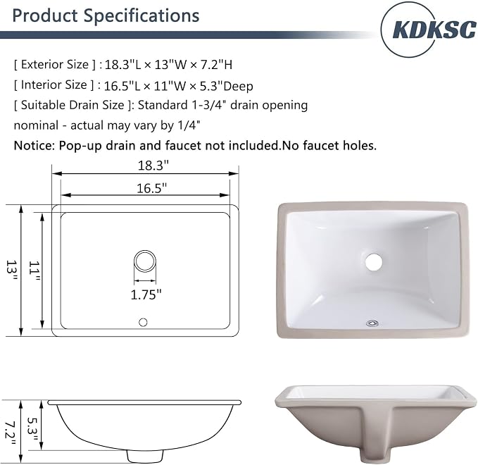 18 Inch Undermount Bathroom Sink White Ceramic Rectangular Under Counter Bathroom Sink for Cabinet Porcelain Vanity Sinks,Overflow Type (18.3"x13.0")