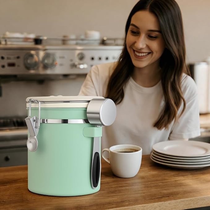 ShanSon Coffee Canister Airtight, Stainless Steel Bean Storage Container with Date Tracker & Scoop, Grounds Sugar Flour Tea Cereal Fits Kitchen Pantry, Ideal Gift for Coffee Lovers,22oz,Green