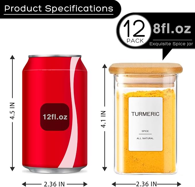 12 Pcs Glass Spice Jars with Bamboo Airtight Lids & 201 Labels - 8oz Square Small Empty Food Storage Containers for Kitchen, Seasonings, Herbs, Salt