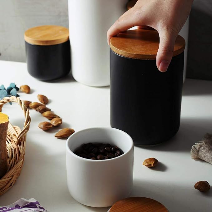 MilkyWay Food Storage Jar Strong Ceramic Storage Canisters with Airtight Seal Bamboo Lid Modern Design Seal Damp-Proof Kitchen Jar for Coffee, Tea, Spice and More (Black(L: 34 oz/1000ml))