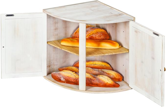 HOMEKOKO Double Layers Bamboo Corner Bread Box for Kitchen Counter, Vintage Wooden Large Capacity Bamboo Bread Food Storage Bin (Vintage White)