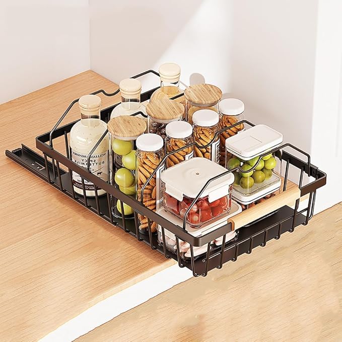 Takywep Pull Out Cabinet Organizer No Drill Adhesive Sliding Mesh Basket with Smooth Glide Under Sink Drawer for Kitchen Pantry Bathroom Storage