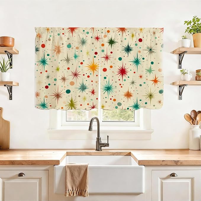 Self Adhesive Retro Starburst Cabinet Curtain for Mother's Day, 39x28 Inch Mid-Century Modern Under Sink Skirt No Drill, Spring Cleaning Kitchen Decor, Hook and Loop Valance