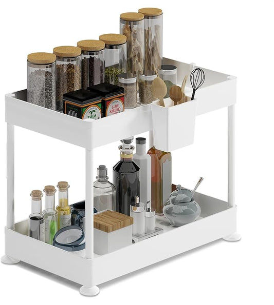 Under Sink Organizers and Storage | Bathroom Cabinet Organizer, Sink Shelf with Utility Hooks and Side Caddy for Under Cabinet Storage | White (1-Pack) Non Slip Grip Under Kitchen Sink Organizer