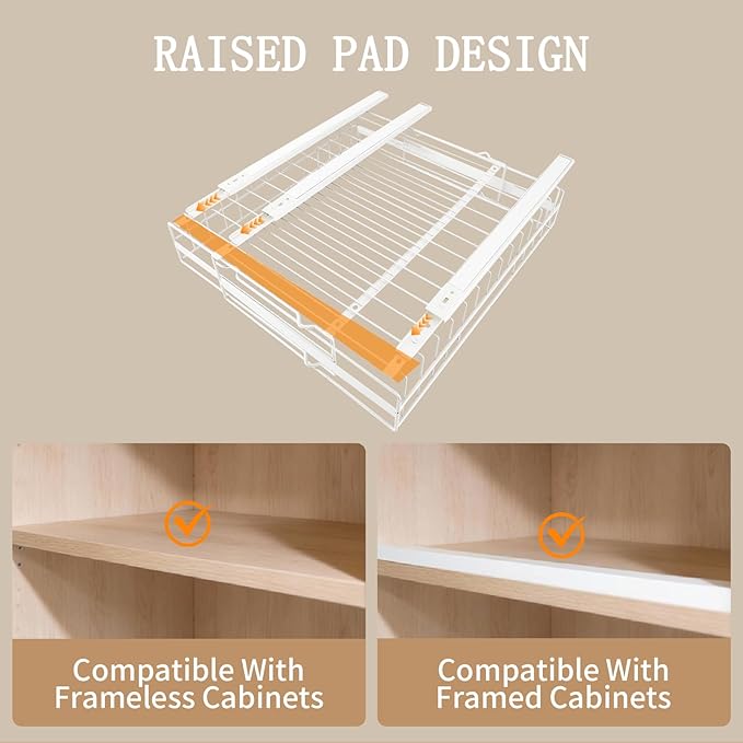 2 Pack Expandable Pull out Cabinet Organizer, Width (13"-21") Pull Out Drawers for Cabinets, Full Extension Upgrade 3 Slide Rails Slide Out Drawers, No Drill Adjustable Roll Out Shelves (White)